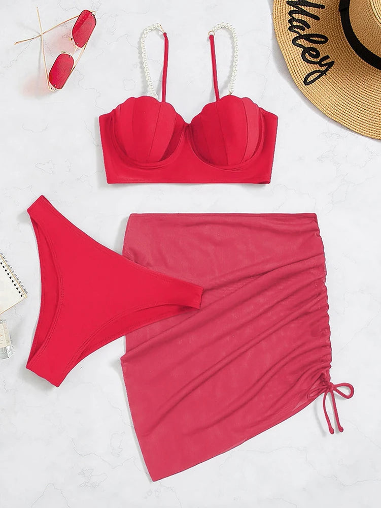 Sexy 3 Piece Bikinis Set for Women. Swimsuit with Skirt Swimwear.
