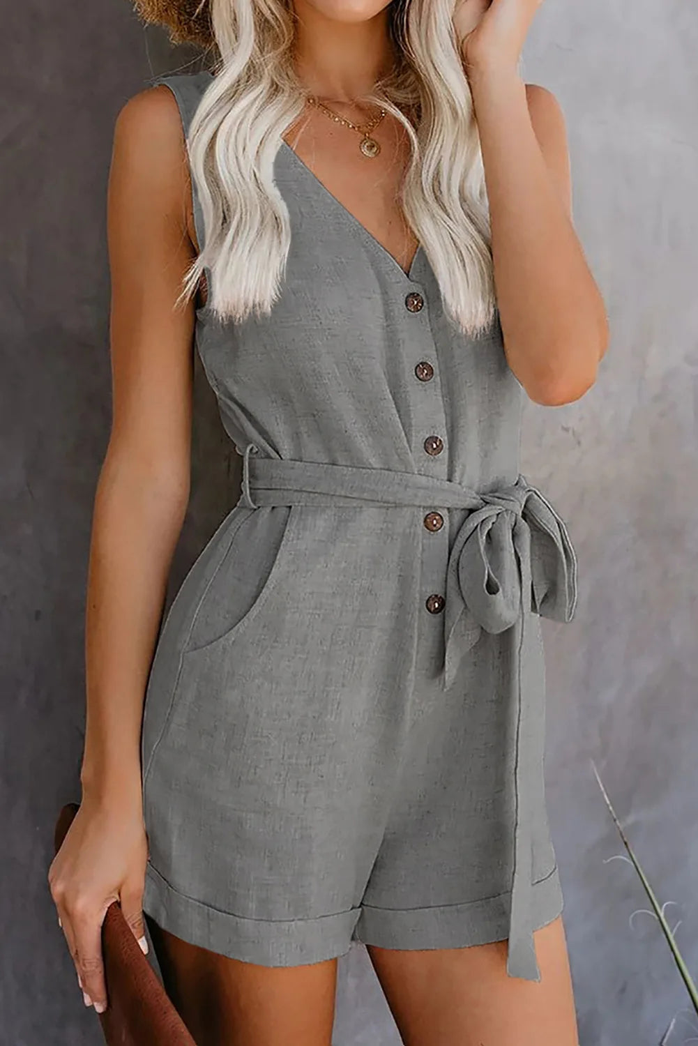 Women's Casual V-neck Monochromatic Jumpsuit, Five-Point Shorts, European and American, Summer, New, 2024