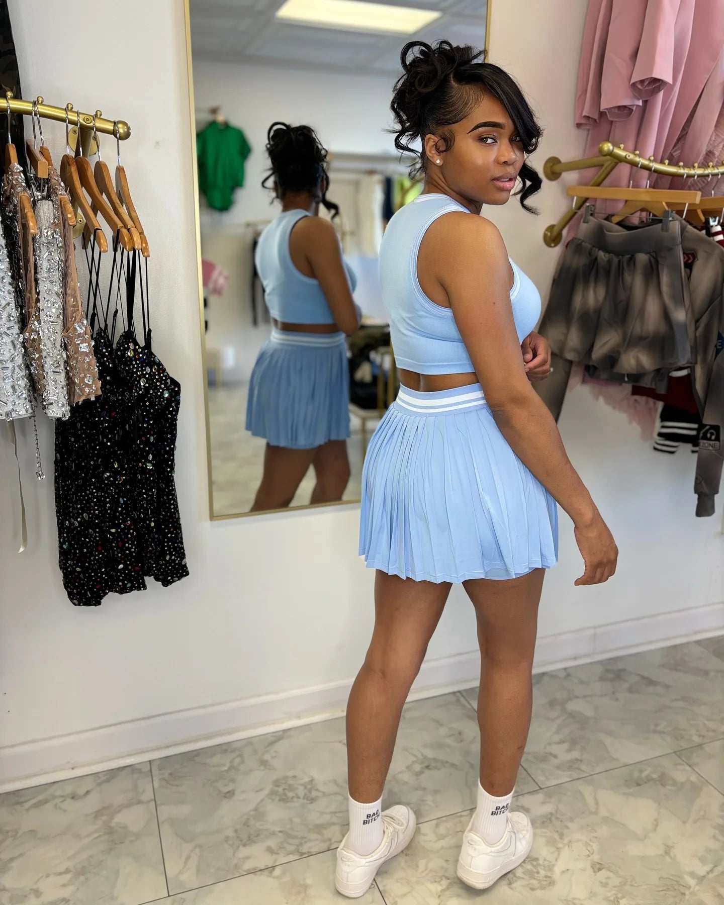 Women O-neck Mini Tank Top and Pleated Mini Skirt Suit. Fitness 2Piece Set Outfit.