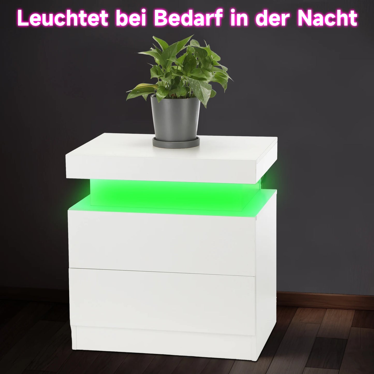 LED Bedside Table with 2 Drawers and 1 Top Drawer, Bedside Cabinet with 4-side High Gloss, 16 RGB LED Colours, Side Table Nights