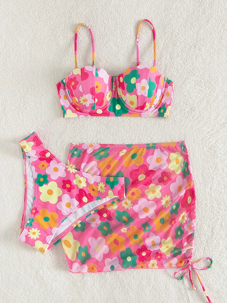 Sexy 3 Piece Bikinis Set for Women. Swimsuit with Skirt Swimwear.