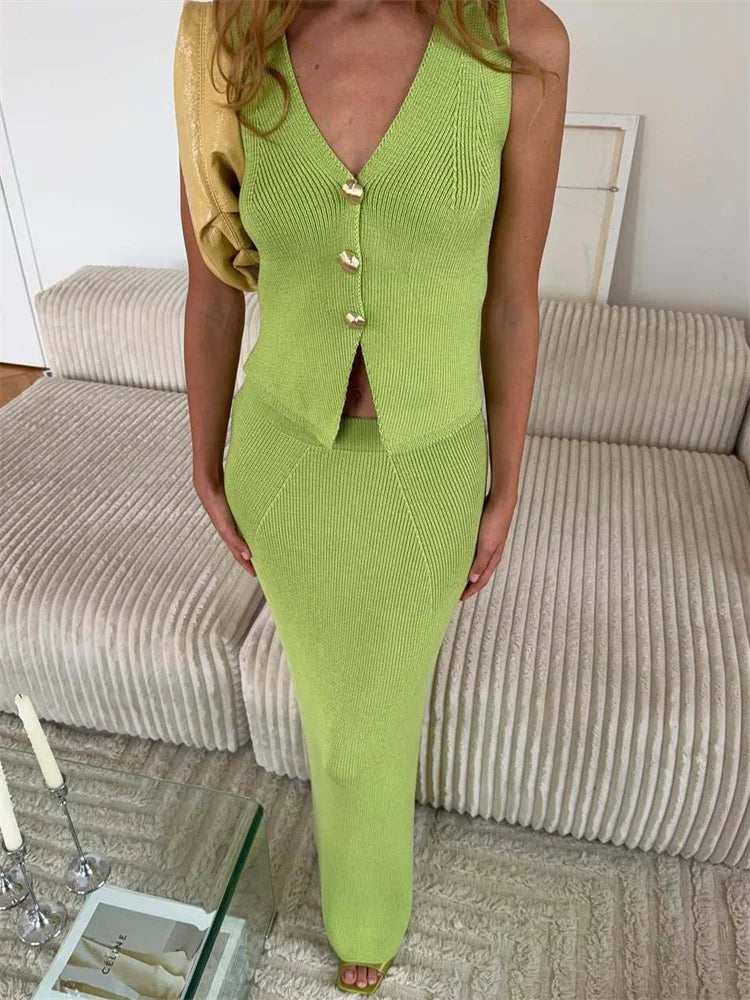 Tossy Knit Fashion 2 Piece-Set Long Skirt Women's V-Neck Slim Vestidos Cardigan Top And High Waist Solid Maxi Skirt Outfits 2025