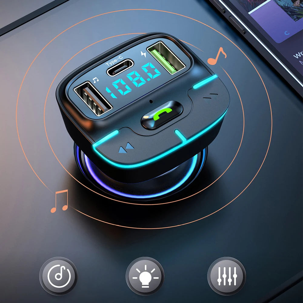 Car Bluetooth 5.3 FM Transmitter Wireless Audio Receiver Car MP3 Player PD Fast Charger Ambient Light Charger