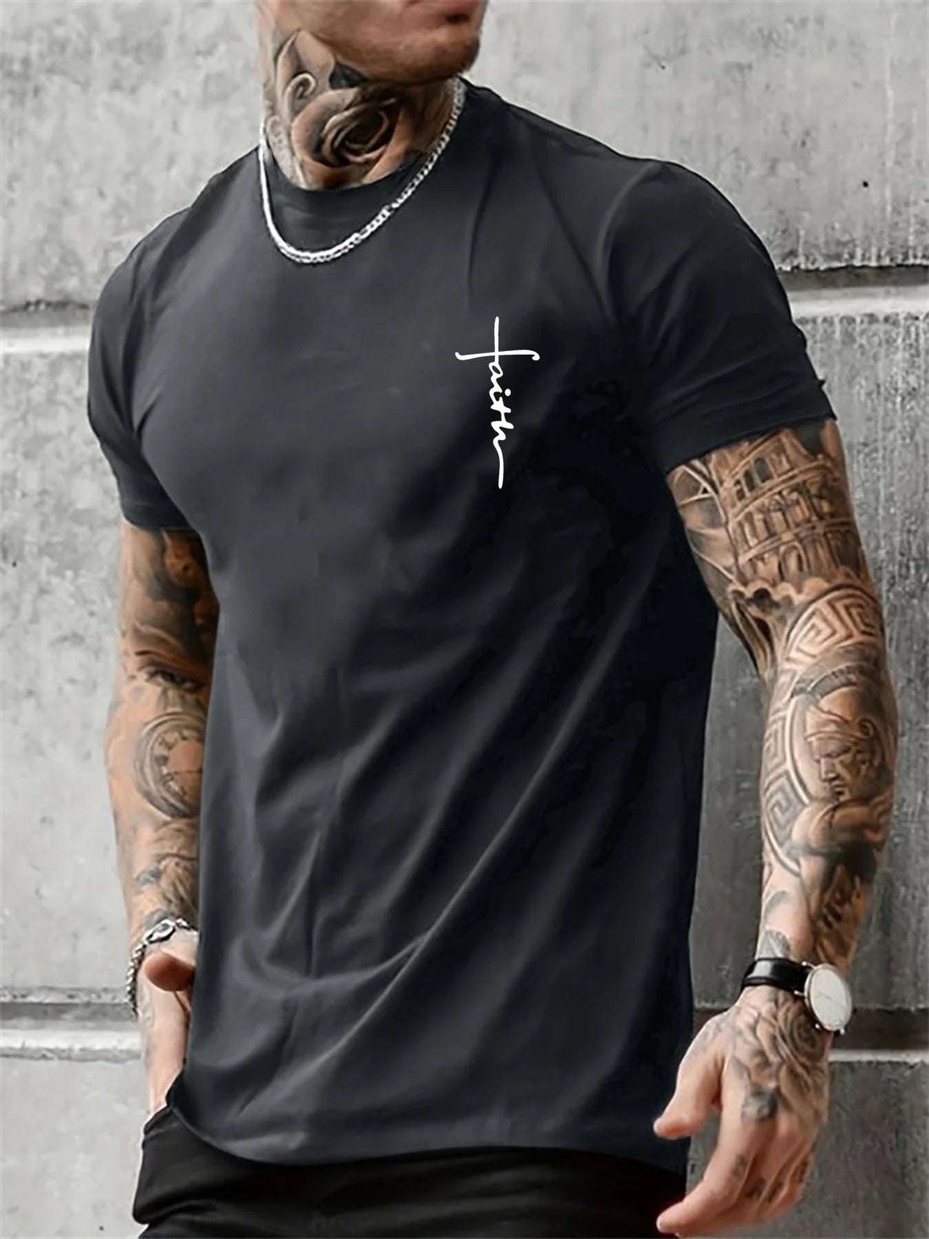 Men's Summer 100% Cotton Fashionable Casual Loose Large Size Faith Cross Printed Sports Round Neck Short Sleeve T-shirt Top