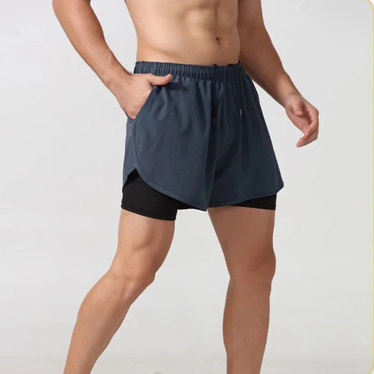 2 In 1 Fitness Men's Shorts. Training, Gym, Sports Short Pants Built-in Pocket Double-deck WAREHOUSE SHOP