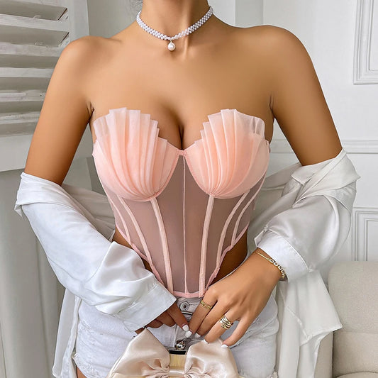 New Creative Fashion Cropped Sexy Pleated Mesh See Through Tight Pink Corset with Bra Youth Women's Strapless Top 2000s Clothes