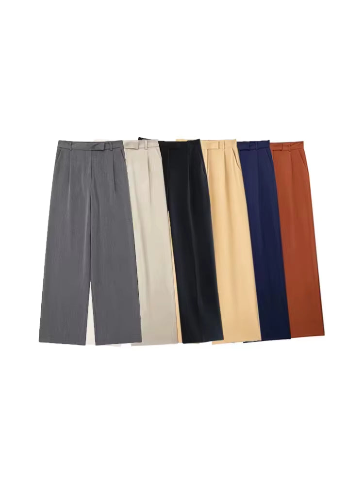 TRZA Women Fashion With Darts Front Pockets Wide Leg Pants Vintage High Waist Zipper Fly Female Trousers Mujer WAREHOUSE SHOP