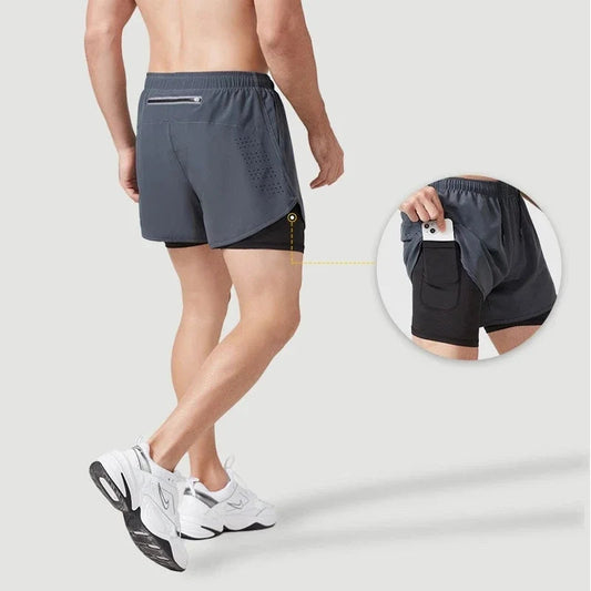 2 In 1 Fitness Men's Shorts. Training, Gym, Sports Short Pants Built-in Pocket Double-deck WAREHOUSE SHOP