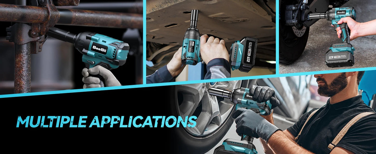 Seesii Impact Wrench Cordless 550N.m Power Impact Gun 1/2 Inch 3300RPM Electric Wrench WH550 4.0Ah Battery for Makita Car Repair