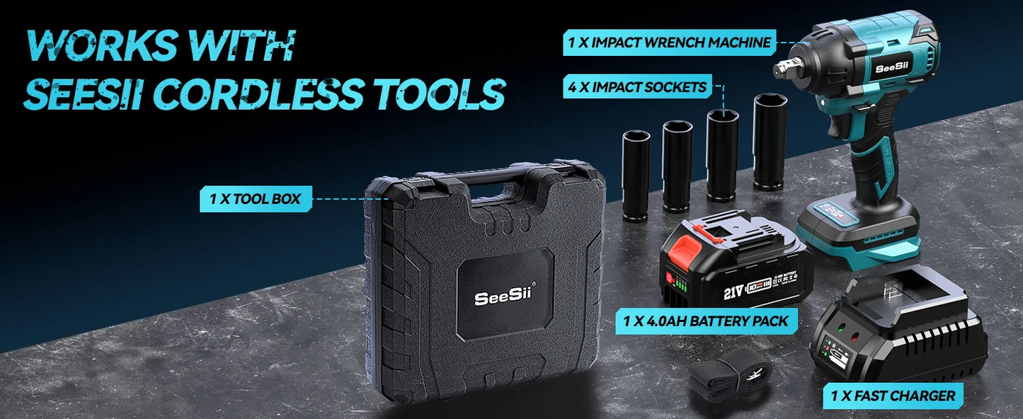 Seesii Impact Wrench Cordless 550N.m Power Impact Gun 1/2 Inch 3300RPM Electric Wrench WH550 4.0Ah Battery for Makita Car Repair