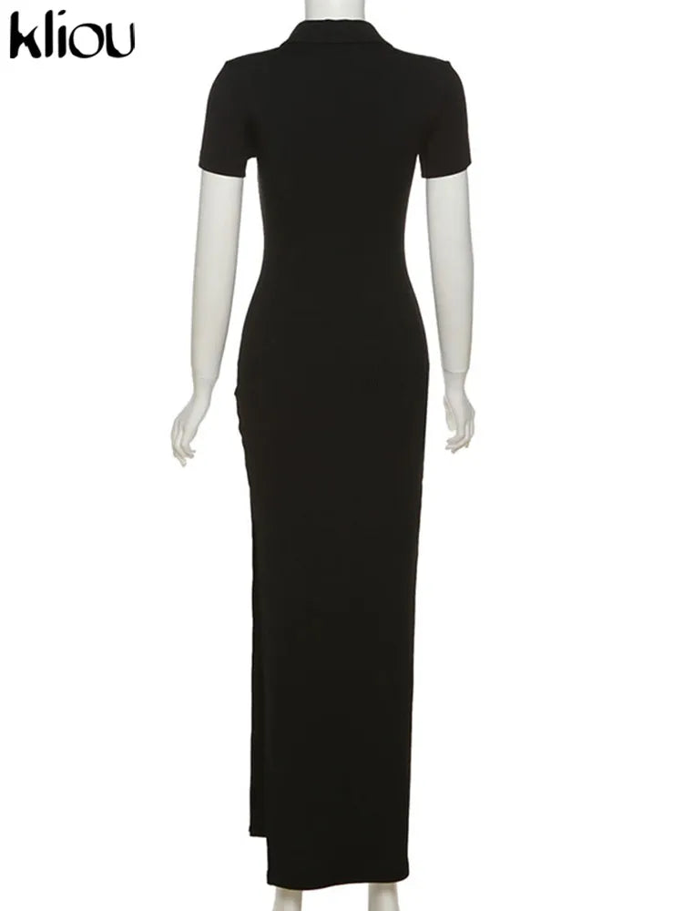 Classy Kliou Lady Dress.  Button Side Slit Body, with Turn-down Collar Short Sleeve-Shaping