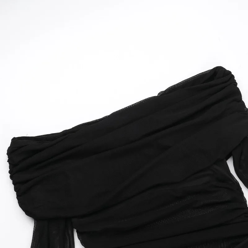 New Solid Color Long Sleeve, Off Shoulder, Dresses. See Through Ruched Patchwork Long Dresses
