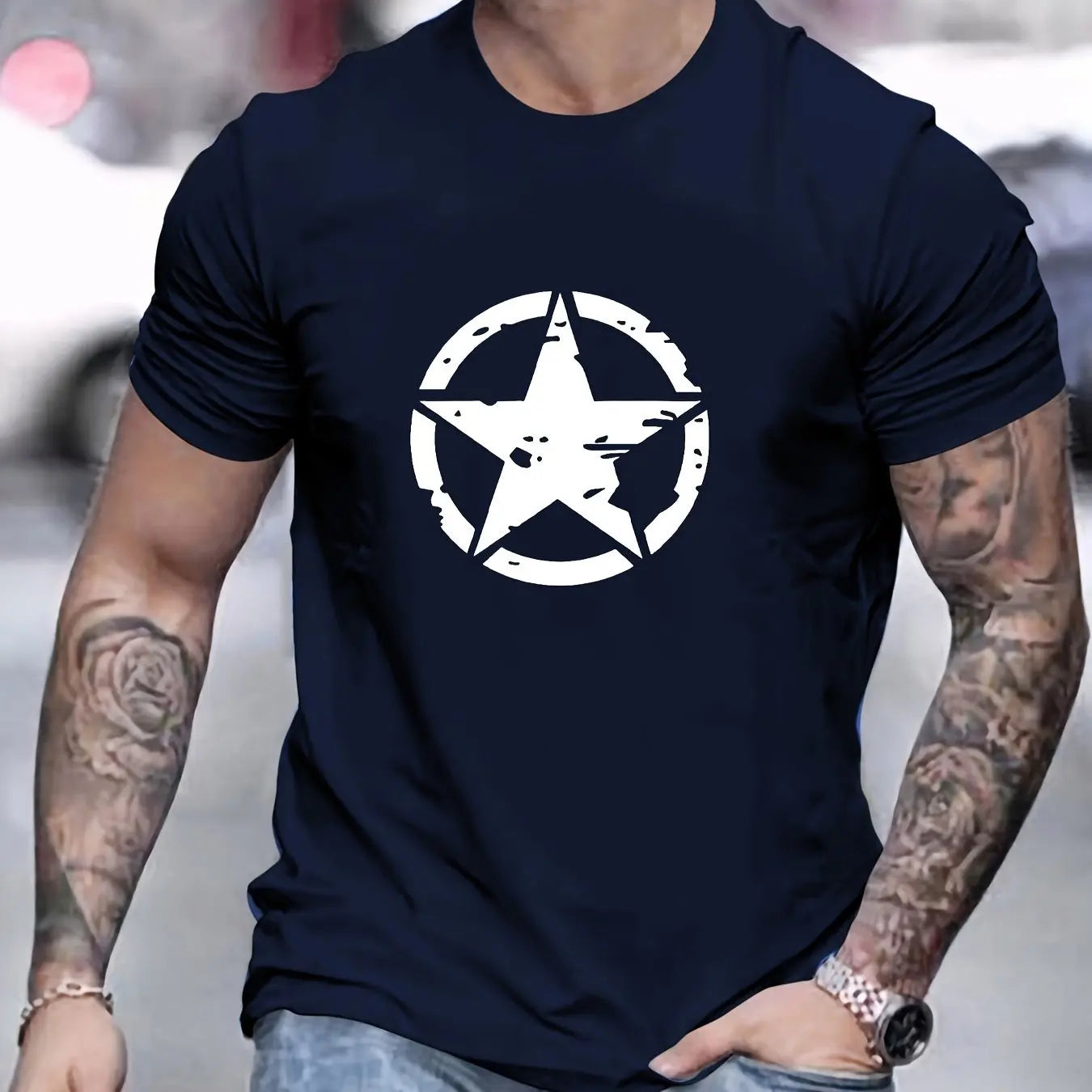 Summer men's 100% cotton comfortable casual loose oversized star logo graphic printed sports round neck short sleeved T-shirt