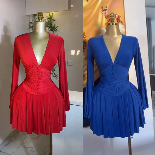 Women Elegant V-Neck Long Sleeve Pleated Dress 2025 Buttons Tunic Waist Sexy Evening Party Luxury Casual Short A Line Dresses