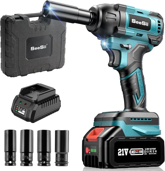 Seesii Impact Wrench Cordless 550N.m Power Impact Gun 1/2 Inch 3300RPM Electric Wrench WH550 4.0Ah Battery for Makita Car Repair