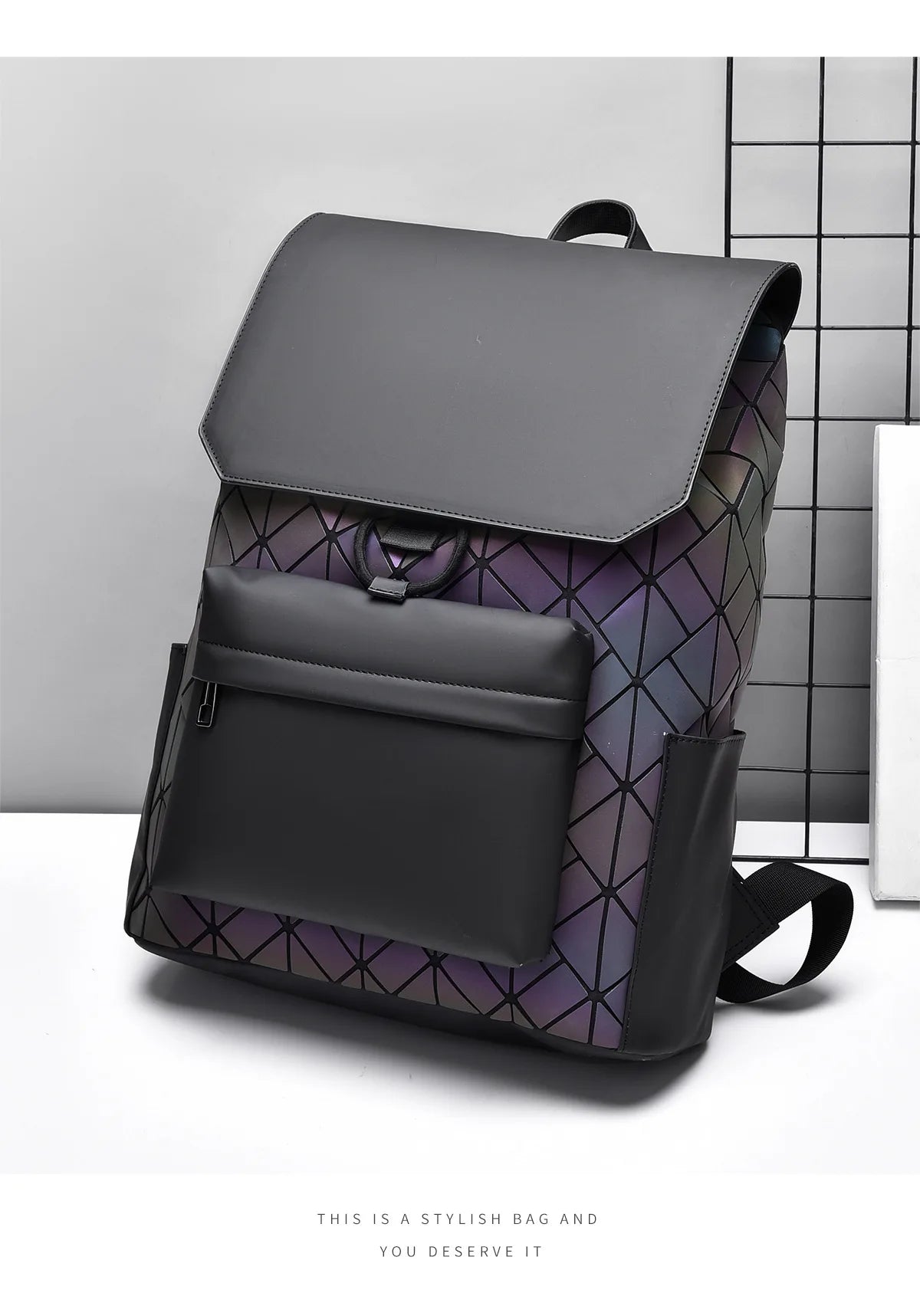 Trendy Brand Backpack Men's Bag Rhombus Laser Reflective Student School Bag Large Capacity Commuter Computer Bag