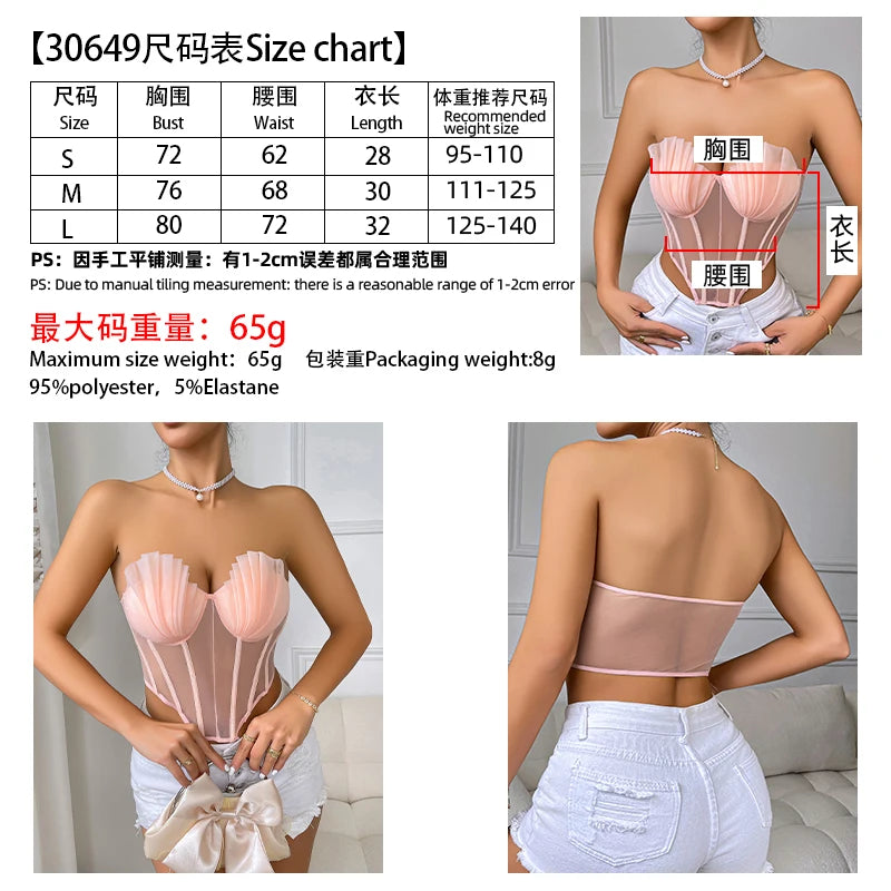 New Creative Fashion Cropped Sexy Pleated Mesh See Through Tight Pink Corset with Bra Youth Women's Strapless Top 2000s Clothes