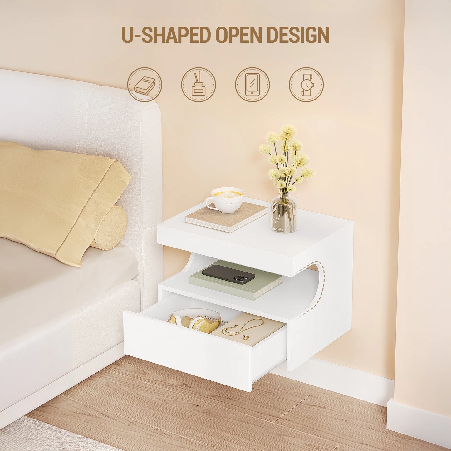 Floating Bedside Wall Shelf — 1 Drawer & Open Storage Modern Design