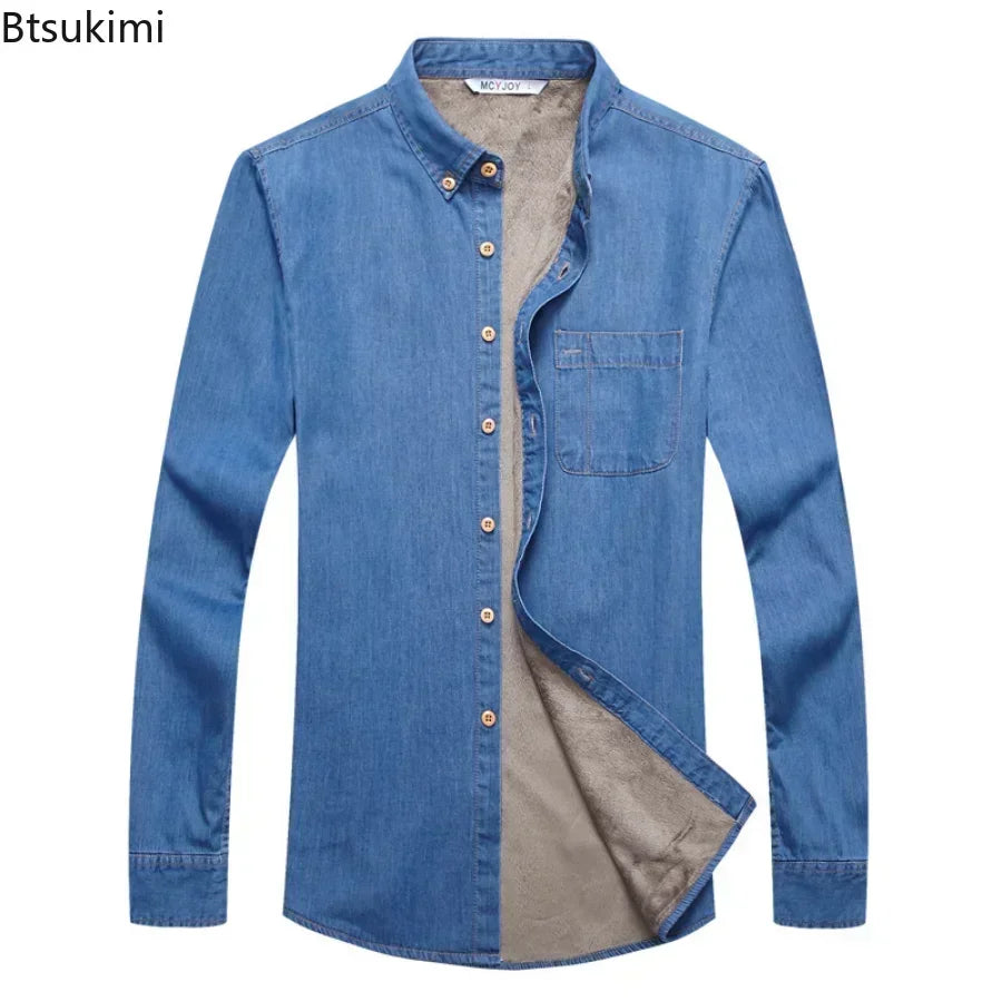 Winter Warm Denim Jeans Shirt for Men. Fleece Lined Velvet Shirts with Button Down