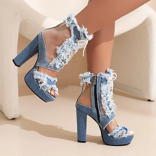 LeShion Of Chanmeb Women Denim Sandals High Heels Platform Tassel Fringe Jean Gladiator Sandals Ladies Mesh Net Summer Boots New