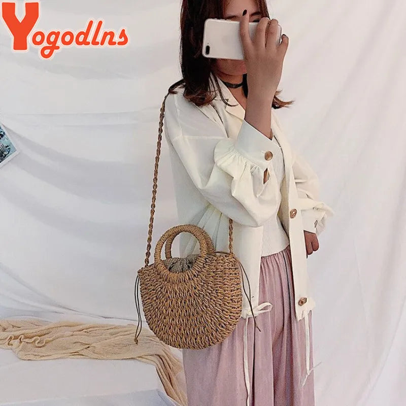 Fashion Handmade Yogodlns Half-Round Rattan Woven Straw Bag. Women Crossbody Bags, Ladies Small Beach Handbag