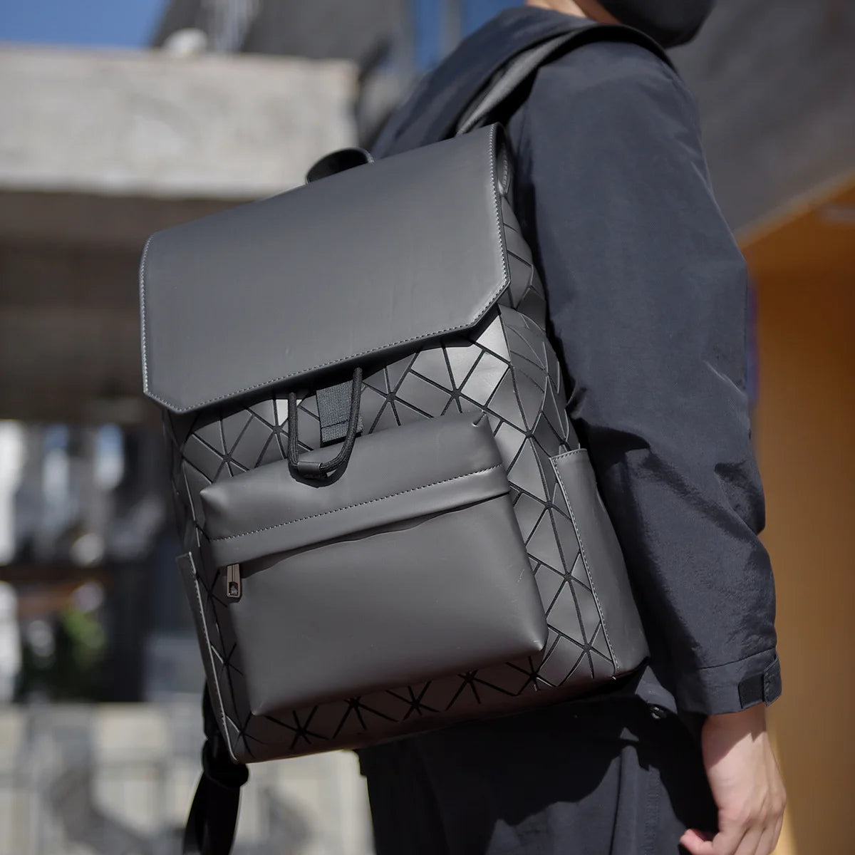 Trendy Brand Backpack Men's Bag Rhombus Laser Reflective Student School Bag Large Capacity Commuter Computer Bag