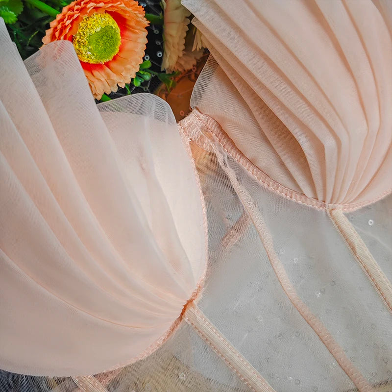 New Creative Fashion Cropped Sexy Pleated Mesh See Through Tight Pink Corset with Bra Youth Women's Strapless Top 2000s Clothes