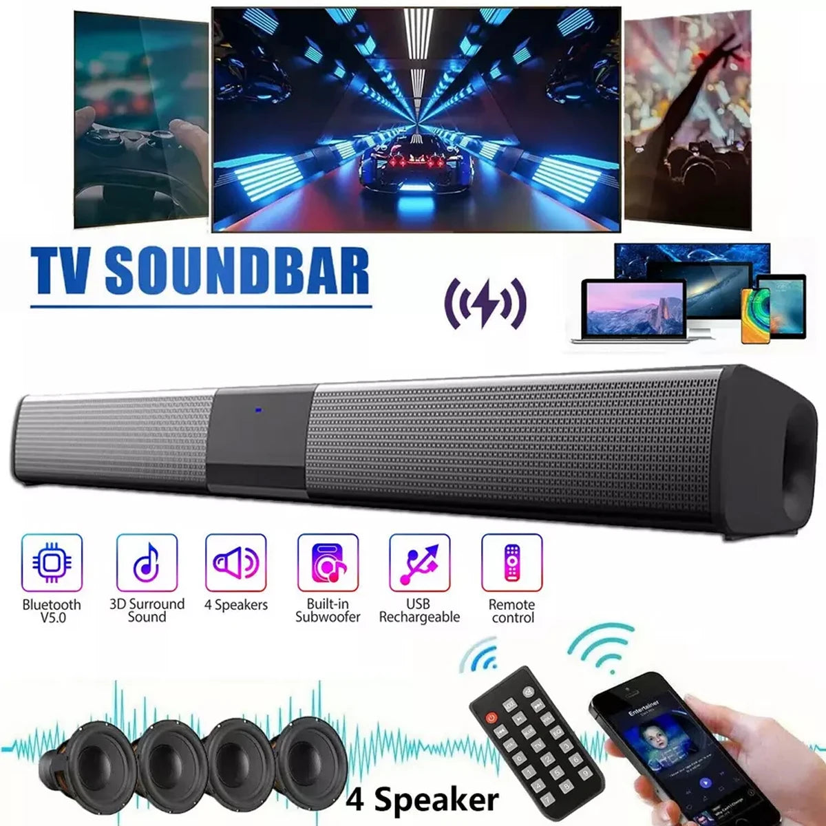Bluetooth Home Theater Soundbar With Remote Control, RCA, AUX, FM