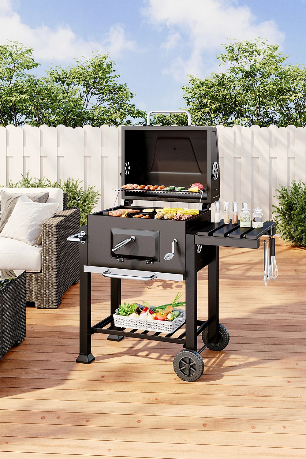 【Breeins】Charcoal Grill, Adjustable Charcoal Tray, Pull-out Ash Tray, Heavy Duty Barbecue Grill with Wheels