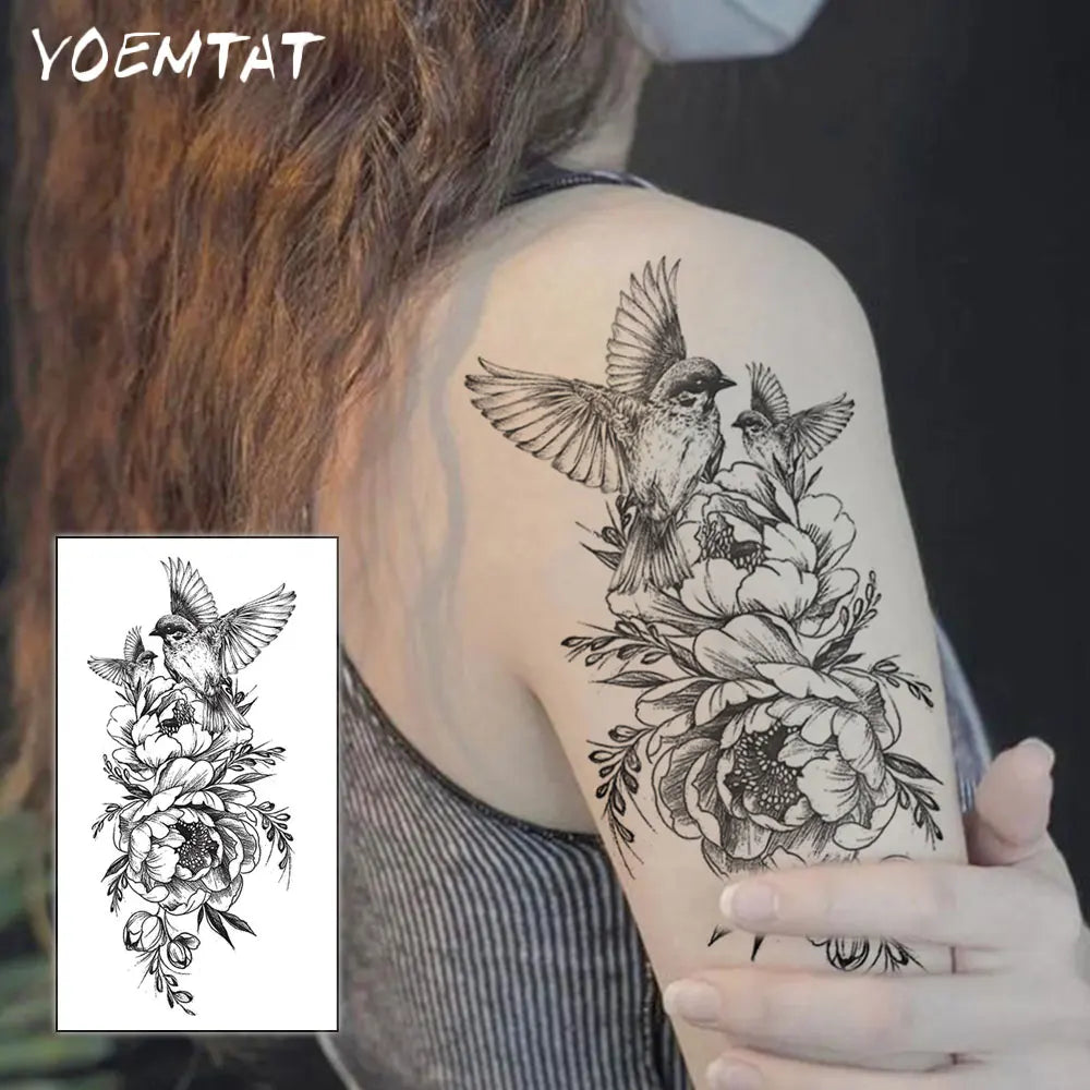 Waterproof Temporary Tattoo Sticker Magpie Peony Flower Cute Pattern Body Art Arm Fake Tattoos Sleeve Women Men Chest Waist Legs