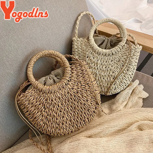 Fashion Handmade Yogodlns Half-Round Rattan Woven Straw Bag. Women Crossbody Bags, Ladies Small Beach Handbag
