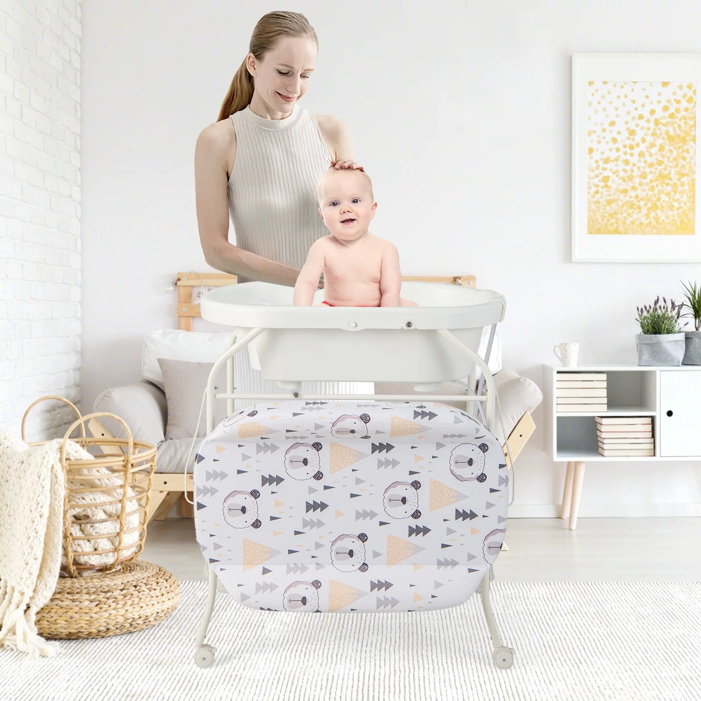 4-in-1 Folding Changing Table with Bathtub, Portable Changing Table with Changing Mat, Mobile Changing Station