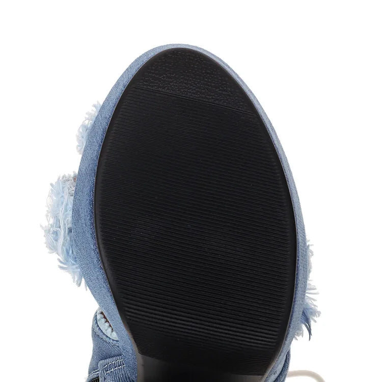 LeShion Of Chanmeb Women Denim Sandals High Heels Platform Tassel Fringe Jean Gladiator Sandals Ladies Mesh Net Summer Boots New