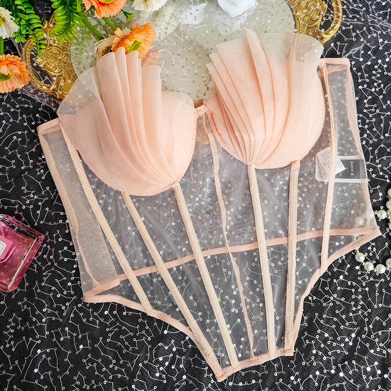 New Creative Fashion Cropped Sexy Pleated Mesh See Through Tight Pink Corset with Bra Youth Women's Strapless Top 2000s Clothes