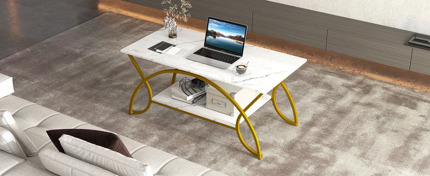 GOFLAME 2-Tier Modern Coffee Table with Arched Metal Frame & Adjustable Foot Pads