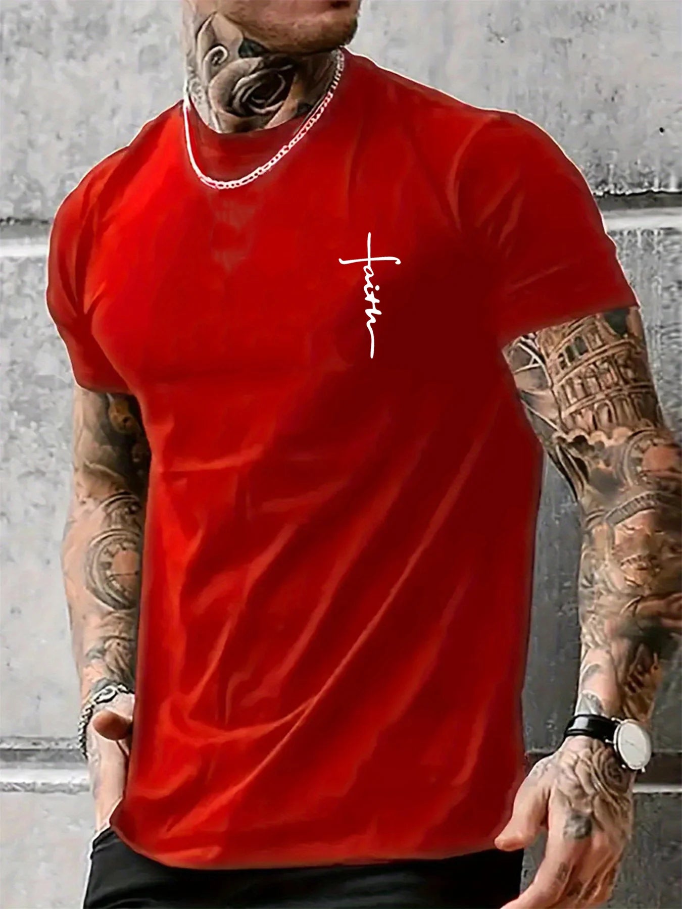 Men's Summer 100% Cotton Fashionable Casual Loose Large Size Faith Cross Printed Sports Round Neck Short Sleeve T-shirt Top