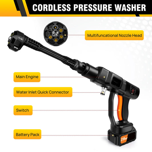 BRIEFNESS 400W Wireless High Pressure Water Gun Car Washing Machine Portable 6-in-1 Adjustable Nozzle Car Floor Yard Watering