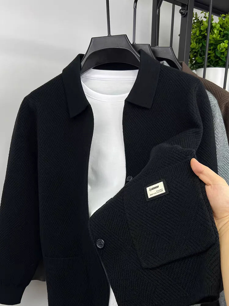 Advanced luxury fashion knitted cardigan men's spring autumn exquisite jacquard sweater shawl pocket design brand casual coat