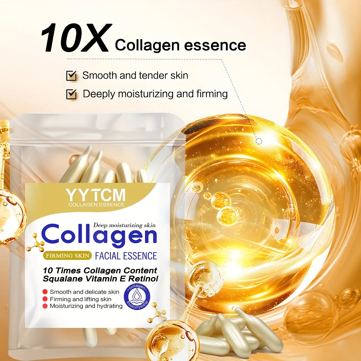 Collagen Firming Capsule Essence, Moisturizing and Hydrating for Smooth Skin, Contains Plant-Based Squalane, Retinol, and Vitamin E Deep Hydration Essence (0.4Gx30 Capsules)/Bag-1 Bag