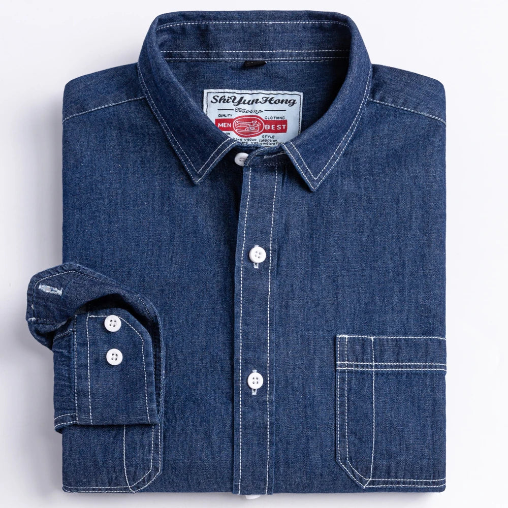 Men's Denim Casual Long Sleeve Pocket Shirt. Regular-Fit Comfortable Soft. 100% Cotton Washed Durability