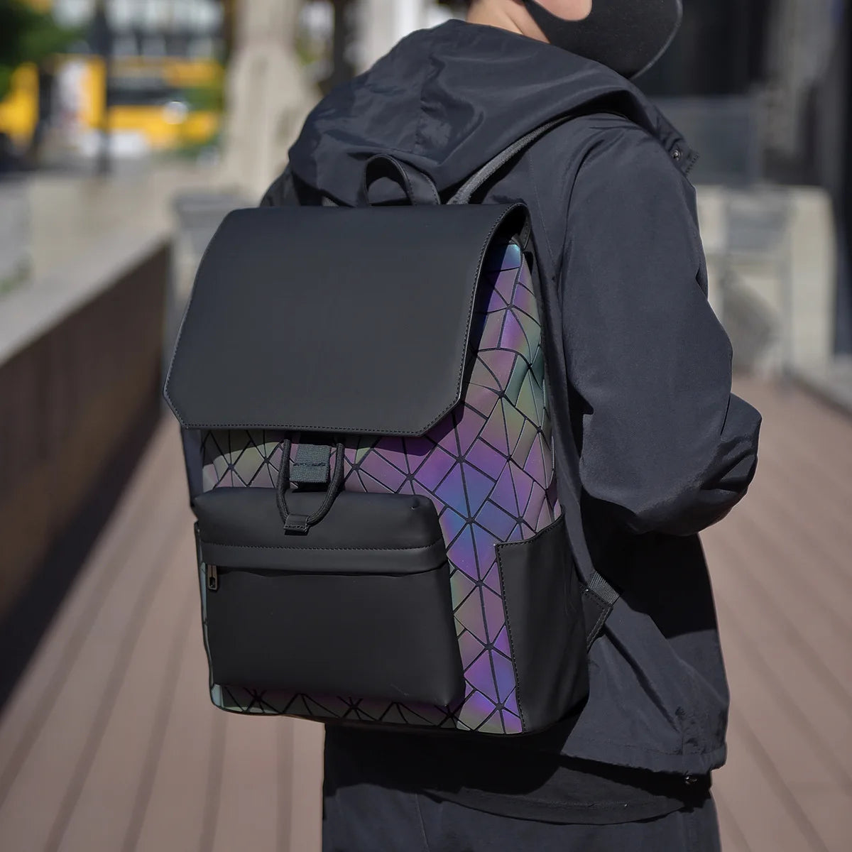 Trendy Brand Backpack Men's Bag Rhombus Laser Reflective Student School Bag Large Capacity Commuter Computer Bag