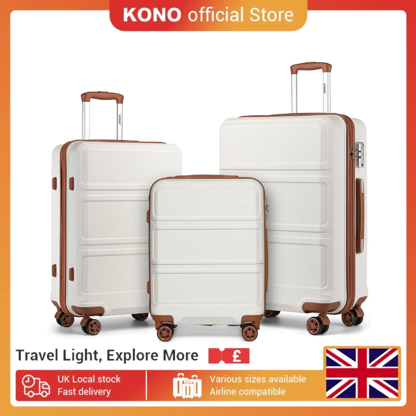 Kono Lightweight Cabin Suitcase - 20/24/28 Inch ABS Hard Shell, Fits EasyJet Under Seat, large-Compact Carry-On Trolley Case