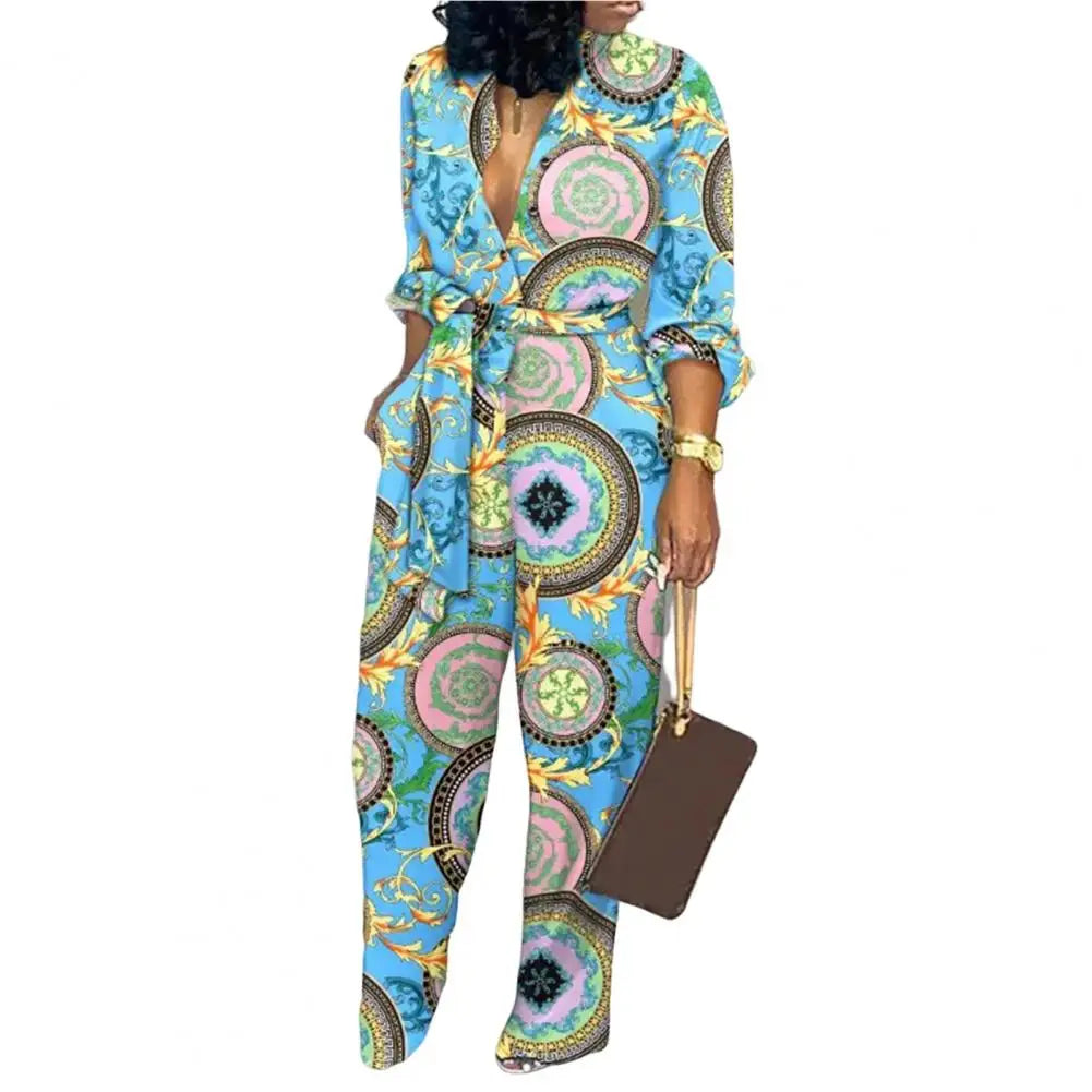 Women Jumpsuit V-Neck Long Sleeve High Waist Buttons Half Placket Pockets Autumn Abstract Print Front Belted Jumpsuit