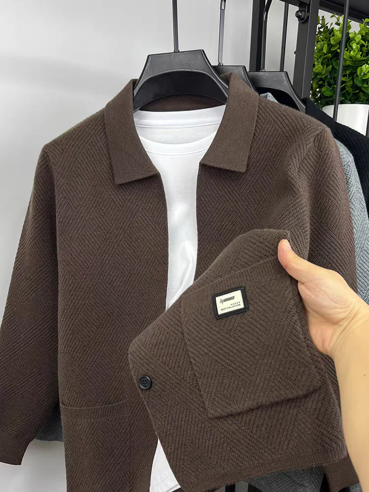 Advanced luxury fashion knitted cardigan men's spring autumn exquisite jacquard sweater shawl pocket design brand casual coat