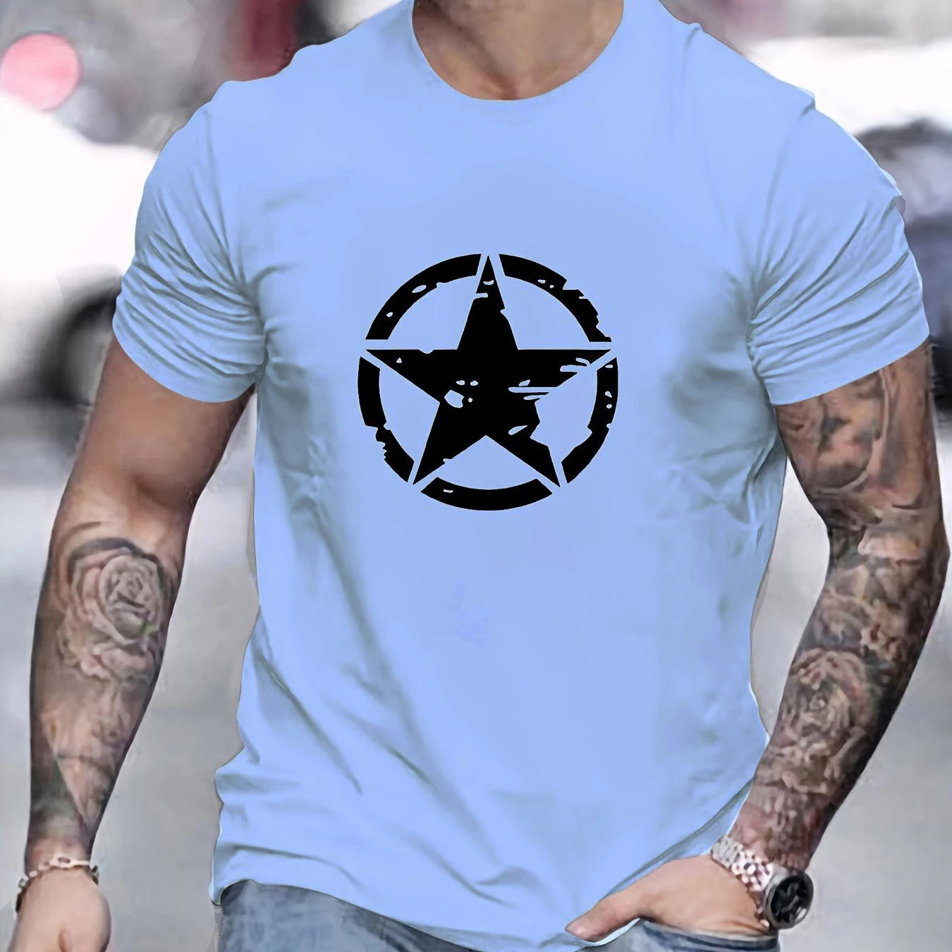 Summer men's 100% cotton comfortable casual loose oversized star logo graphic printed sports round neck short sleeved T-shirt