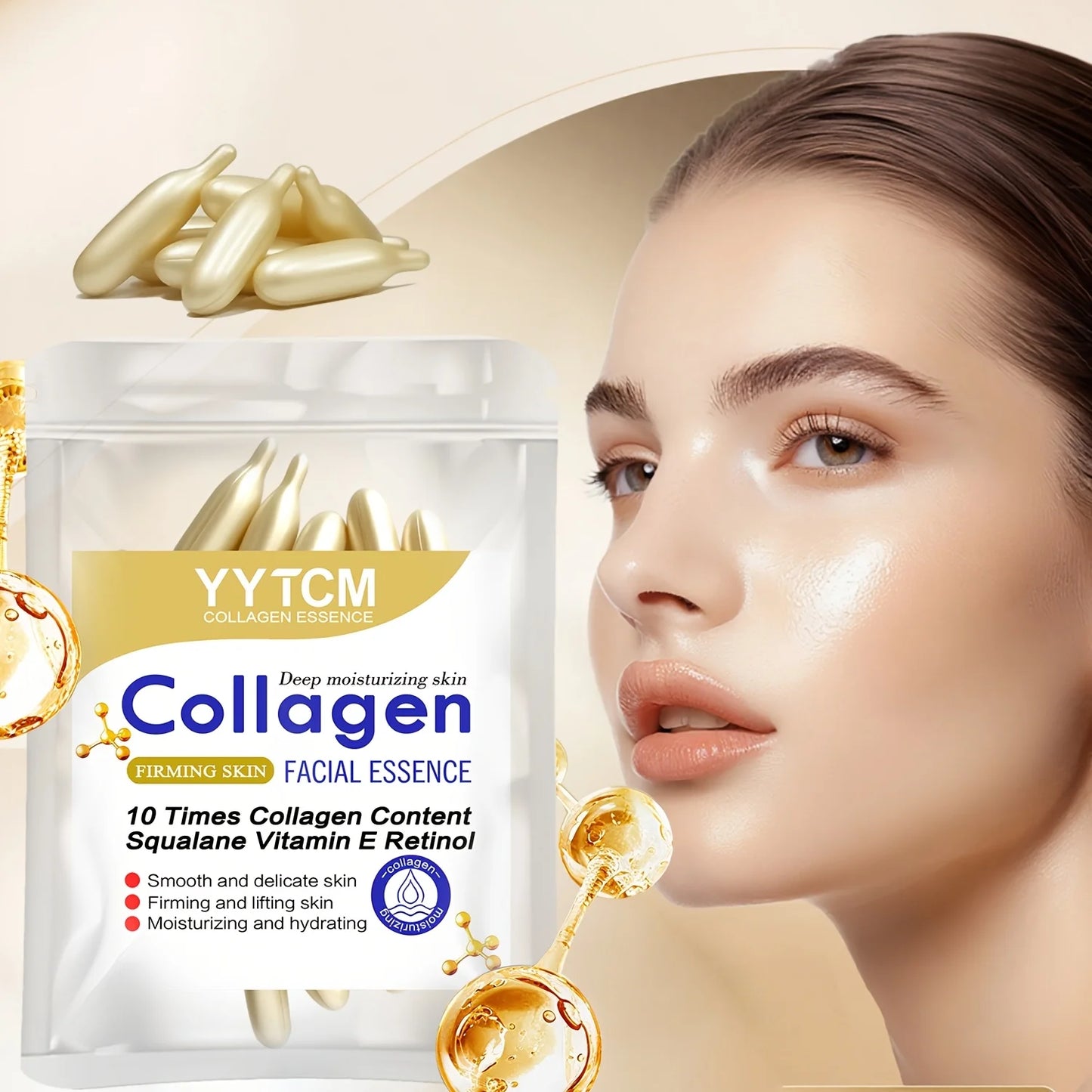 Collagen Firming Capsule Essence, Moisturizing and Hydrating for Smooth Skin, Contains Plant-Based Squalane, Retinol, and Vitamin E Deep Hydration Essence (0.4Gx30 Capsules)/Bag-1 Bag