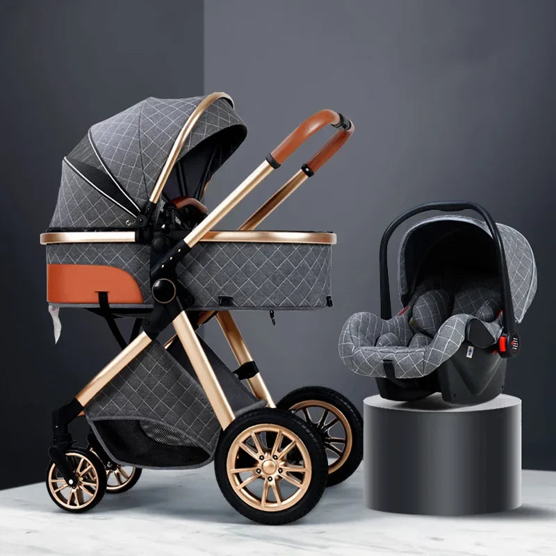 3-in-1 High Landscape Baby Stroller - Sit & Lie Folding Shock-Absorbing 0-3 Years