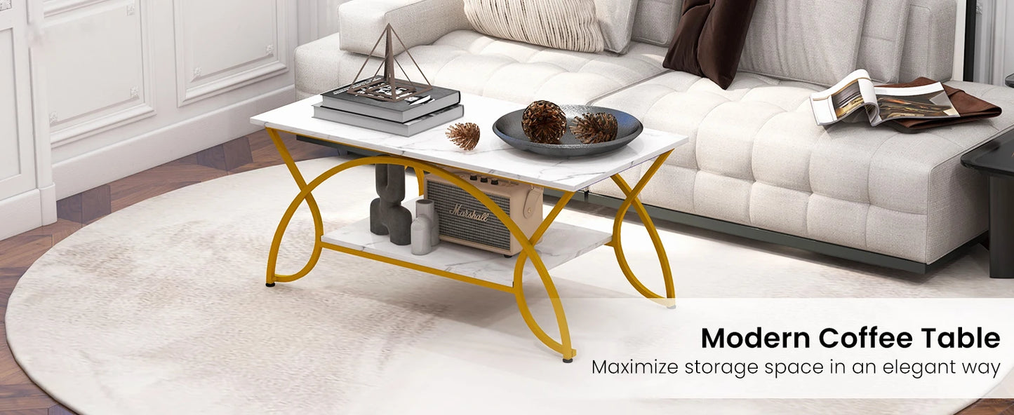 GOFLAME 2-Tier Modern Coffee Table with Arched Metal Frame & Adjustable Foot Pads