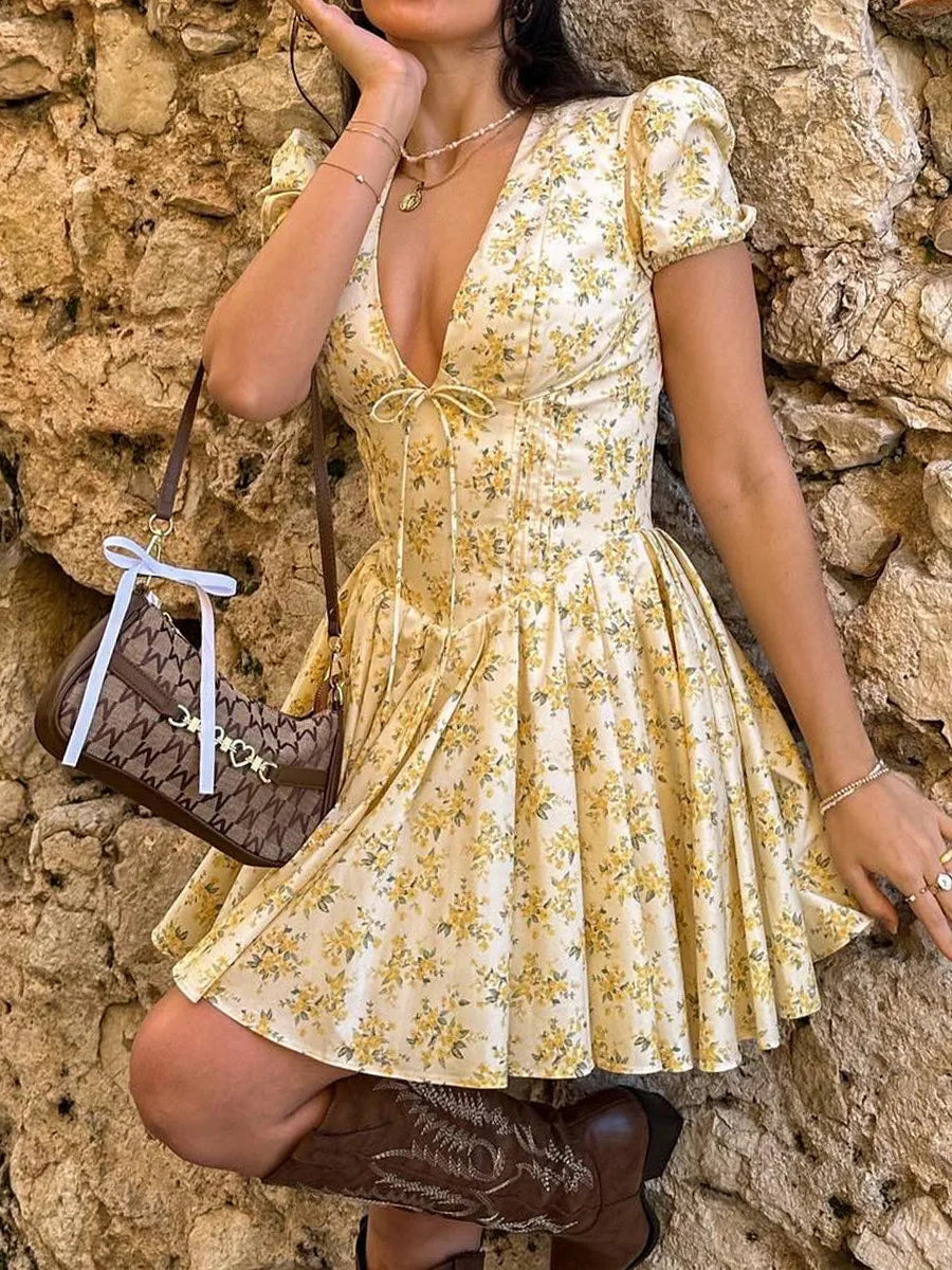 Talenza Printed V-Neck Short Sleeve Mini Dress Women's Summer Sexy Floral Pleated Party A-Line Dress High Waist Slim Mini Dress