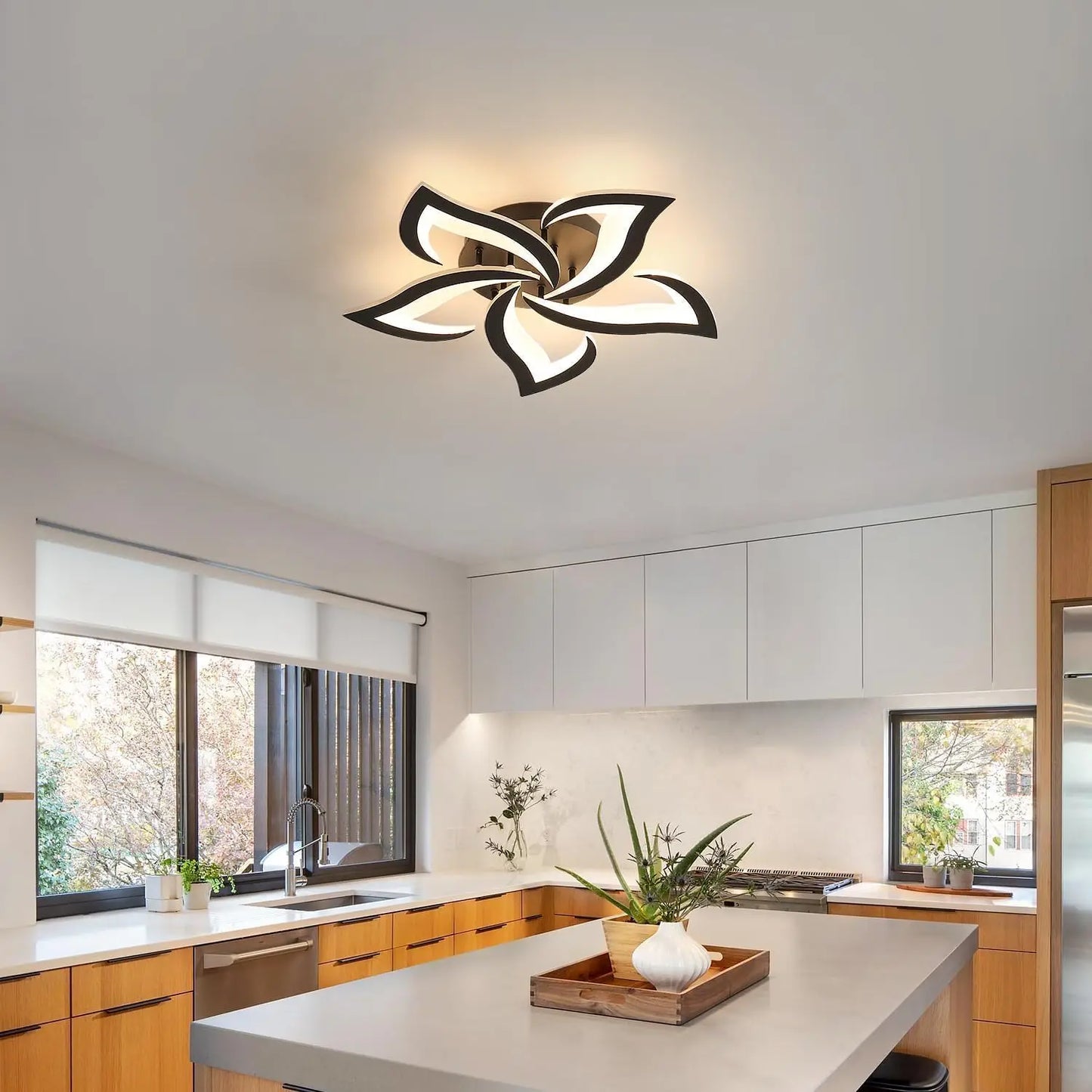 Modern Led Ceiling Light,60W Creative Petals Design Ceiling Light,Acrylic Ceiling Lamp,for Living Room Diameter Black 3000K